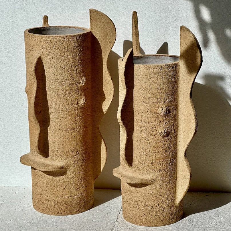 Vase Canopée - grand vase grès - terre naturelle sable, crème , bordeaux - fille de lune - artisanat français - fabrique a marseille 