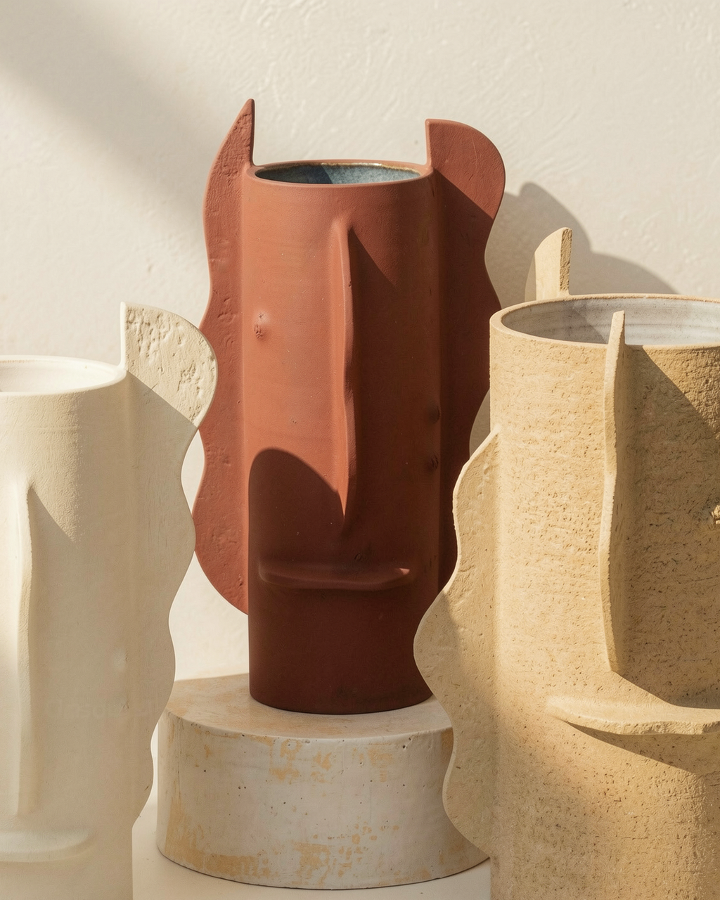 vase Canopee grand modele couleur ocre bordeaux en grès chamotté fait main par fille de lune a marseille piece série limitée forme contemporaine sculpturale  design architectural piece galerie luxe 