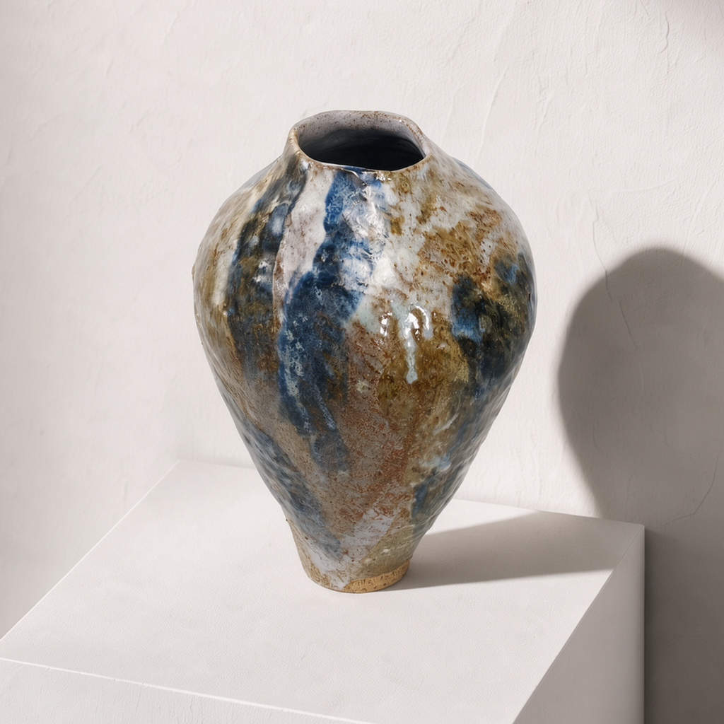 vase fait main forme organique email multi couleur bleu blanc sable teinte naturel artisanal fille de lune galerie pièce unique 