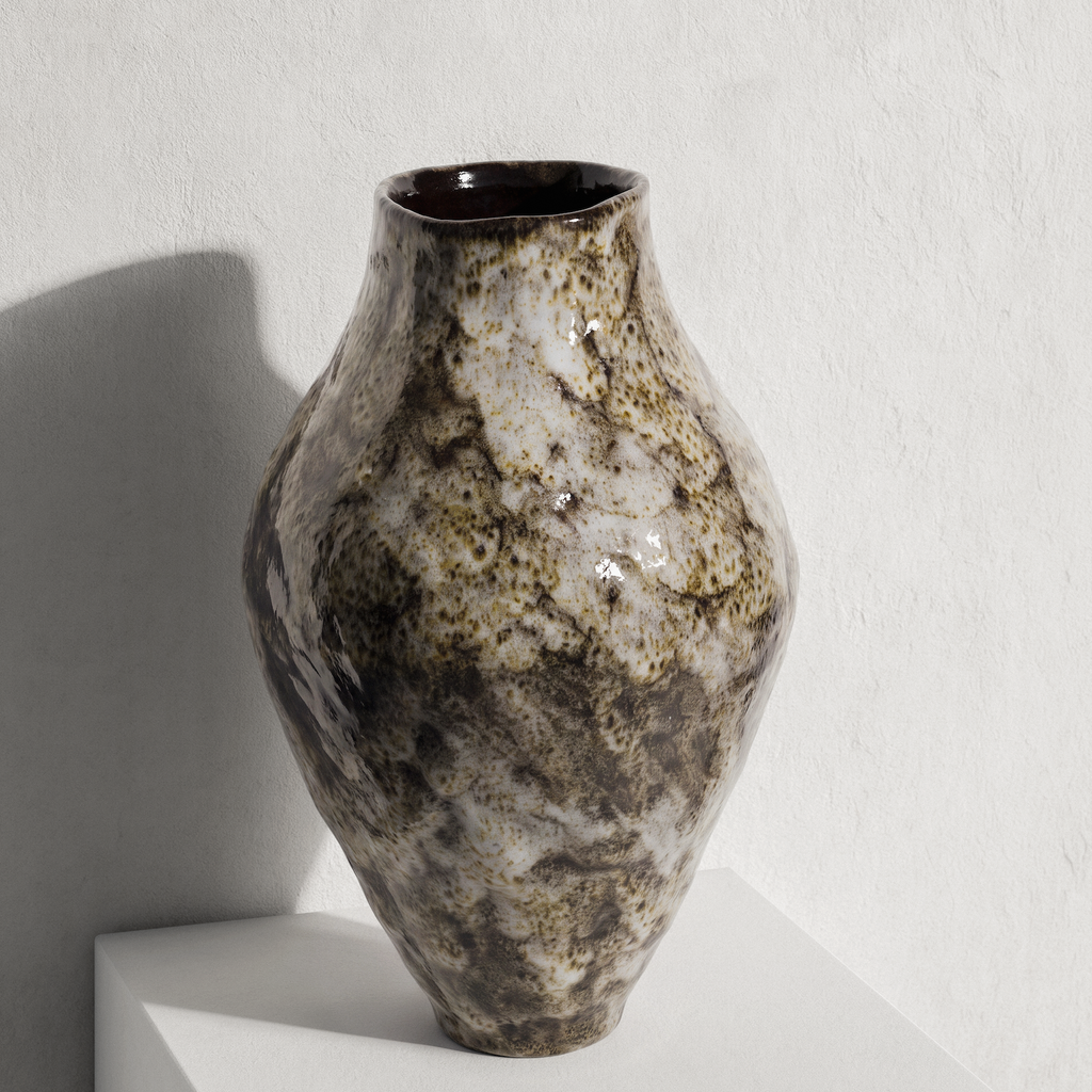 vase en grès email vintage noir et blanc effet écaille de tortue fait main pièce unique artisanal galerie 